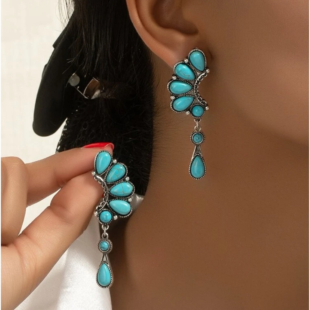 Turquoise Stone Decor Western Statement Earrings-… - image 4